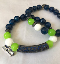 Load image into Gallery viewer, Go seahawks! Glam blue and lime beaded bracelet set with charm