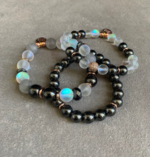Load image into Gallery viewer, Grounding and uplifting hematite and aura quartz beaded bracelet set with rose gold accents