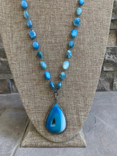 Load image into Gallery viewer, Striking druzy blue agate and diamond pendant necklace