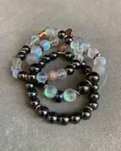 Load image into Gallery viewer, Grounding and uplifting hematite and aura quartz beaded bracelet set with rose gold accents