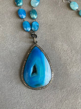 Load image into Gallery viewer, Striking druzy blue agate and diamond pendant necklace