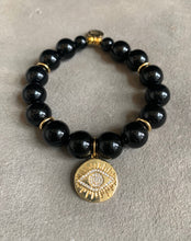 Load image into Gallery viewer, Evil eye protective black onyx beaded charm bracelet