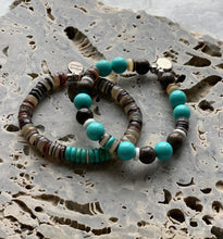 Load image into Gallery viewer, Boho chic turquoise and shell beaded bracelet set
