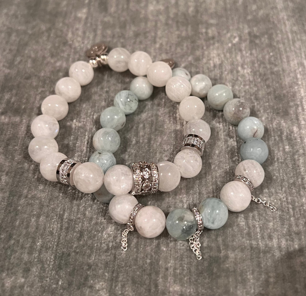 Moonstone and aquamarine healing crystal bracelet set