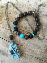 Load image into Gallery viewer, Turquoise and bronzite necklace and bracelet set in sterling silver
