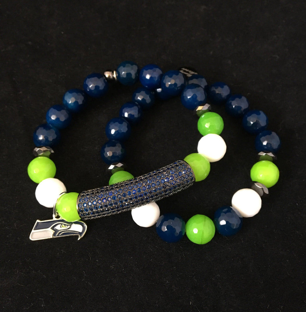 Go seahawks! Glam blue and lime beaded bracelet set with charm