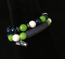 Load image into Gallery viewer, Go seahawks! Glam blue and lime beaded bracelet set with charm
