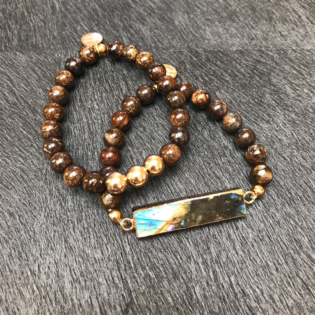 Reflections~ Labradorite and bronzite beaded bracelet set