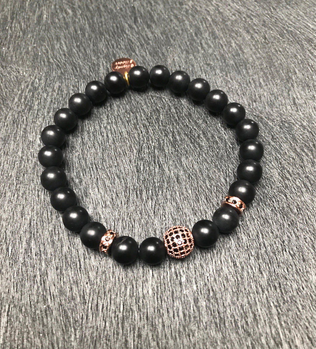 Mens rose gold micro pave crystal and matte agate beaded beacelet