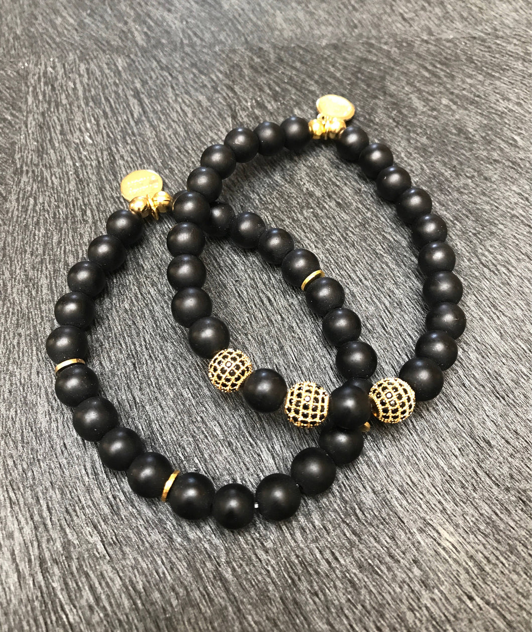 Mens black pave crystal and matte bead bracelet set