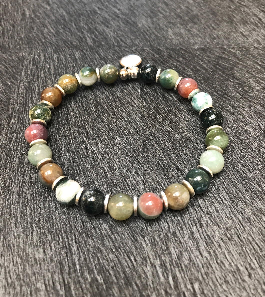 Mens indian agate and silver beaded bracelet