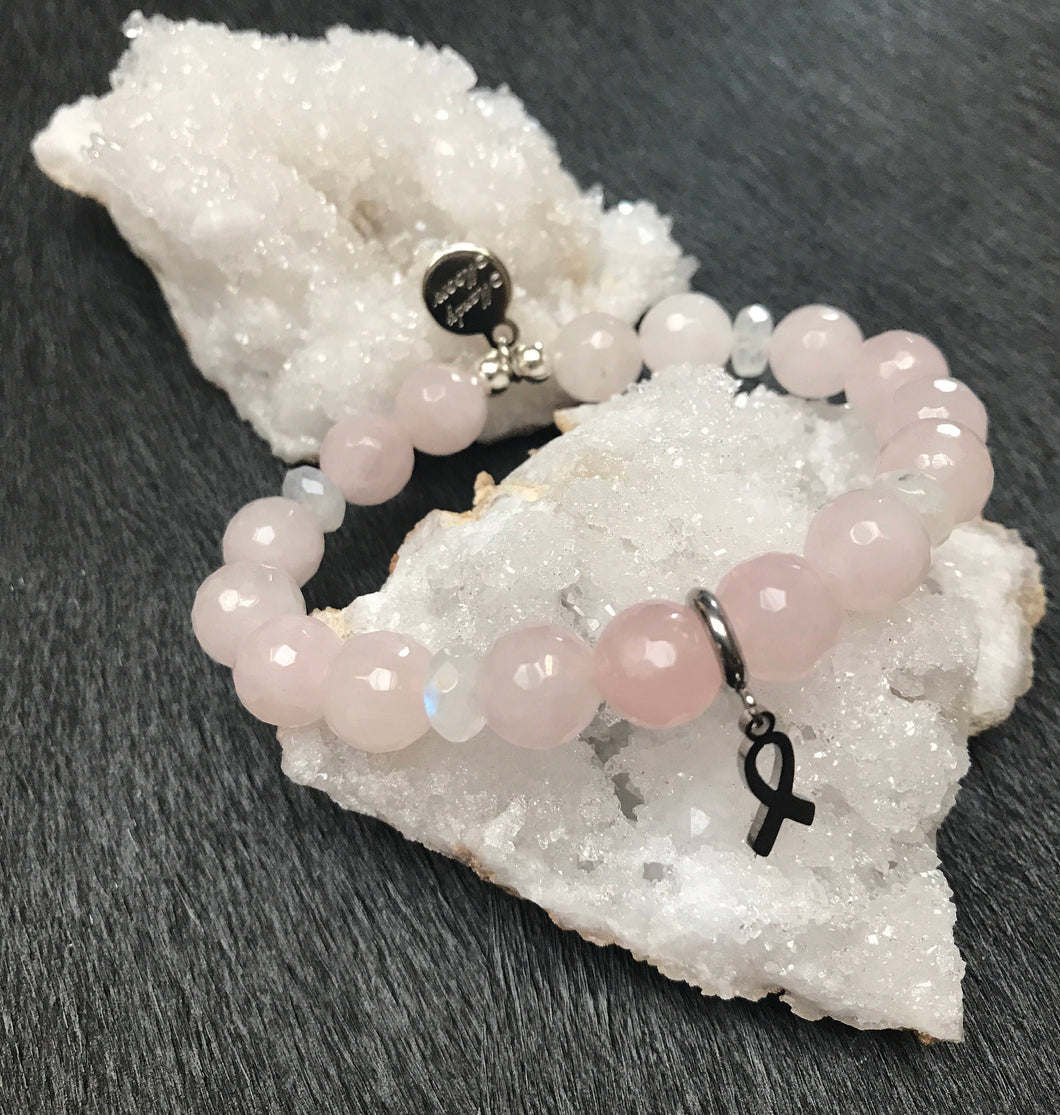 Support the fight~rose quartz and moonstone beaded bracelet with breast cancer ribbon charm.