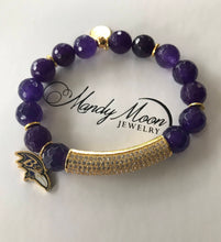 Load image into Gallery viewer, Baltimore Ravens micro pave gold bar and purple agate charm bracelet
