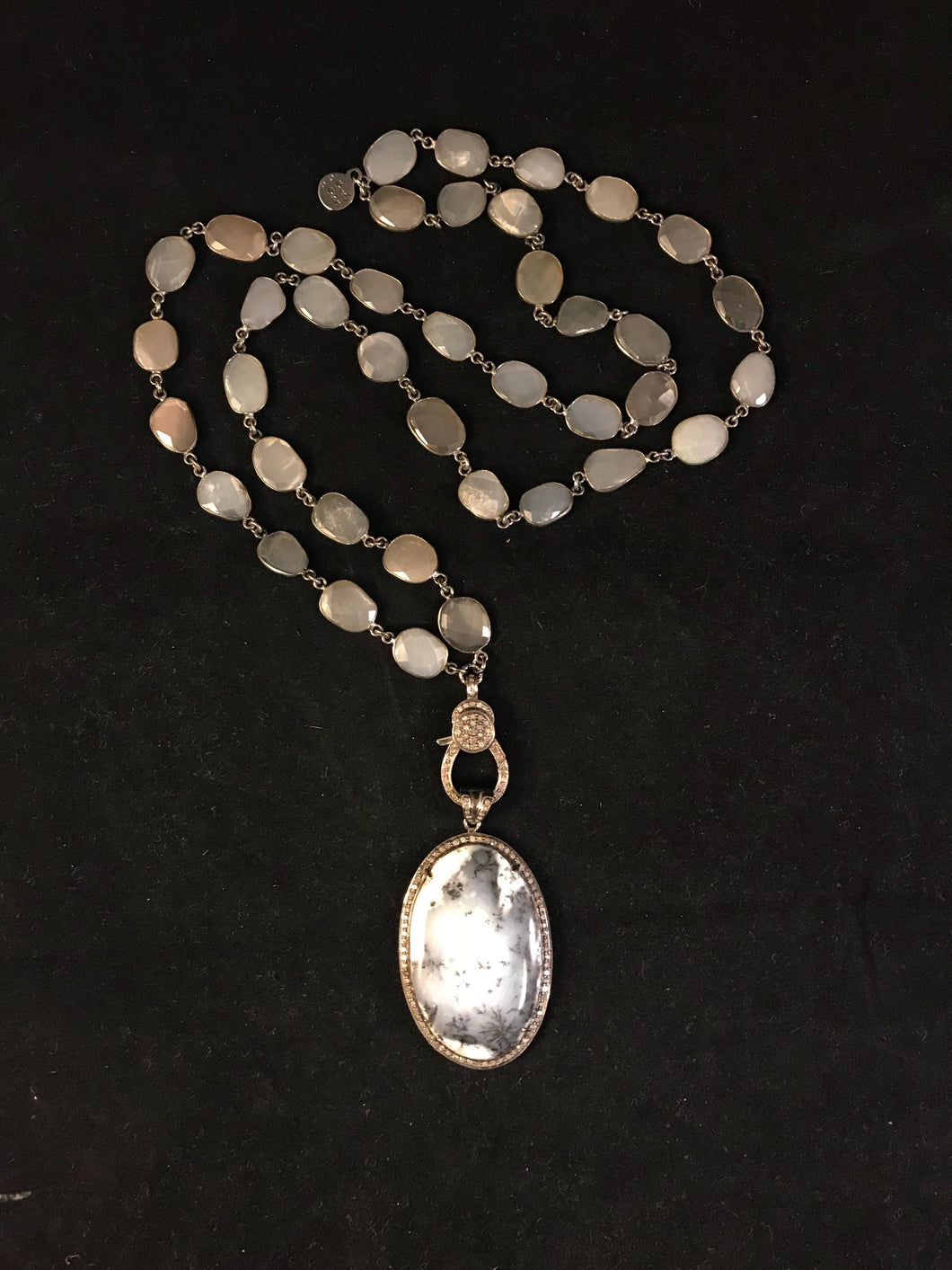 Dendritic opal and diamond pendant necklace