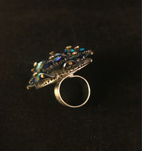 Load image into Gallery viewer, Vintage flower shaped rivoli peacock and rhinestone statement ring
