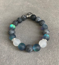 Load image into Gallery viewer, Matte larvikite, aura quartz and white seaglass bracelet •grounding•protective
