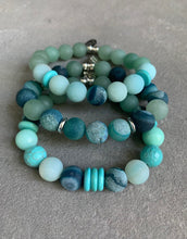 Load image into Gallery viewer, Shades of the sea~druzy agate, turquoise and matte amazonite beaded bracelet set
