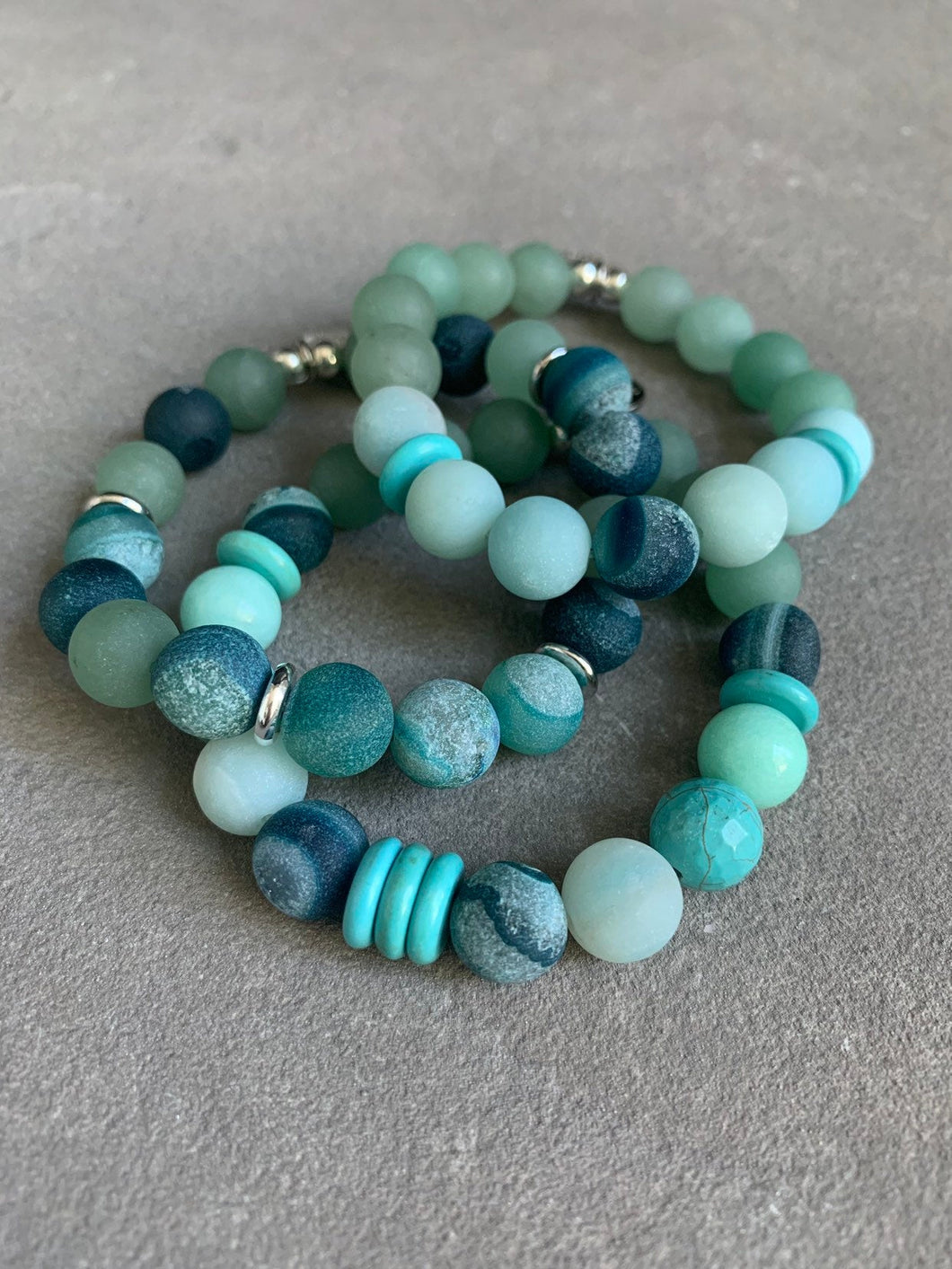 Shades of the sea~druzy agate, turquoise and matte amazonite beaded bracelet set