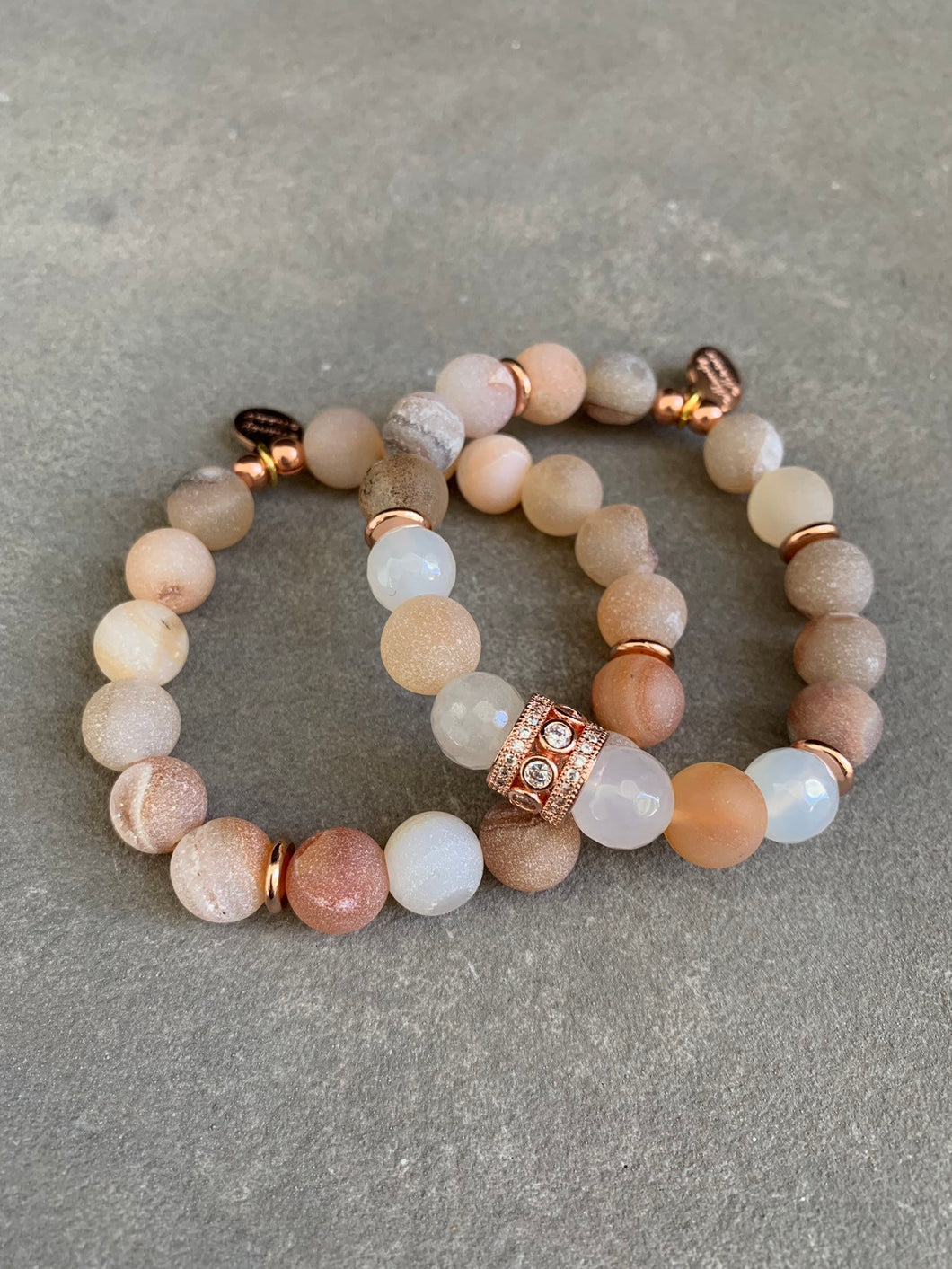 Smell the roses ~ rose gold, peach druzy agate and quartz beaded bracelet set