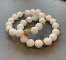 Load image into Gallery viewer, Gold micro pave crystal focal and white agate beaded bracelet set

