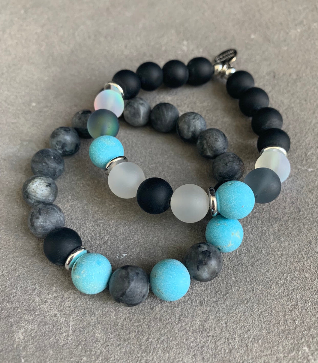 Matte turquoise and larvikite beaded bracelet set