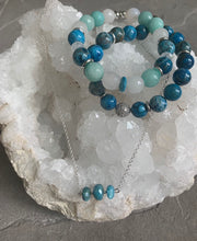 Load image into Gallery viewer, Mystical blue moonstone and crazy lace agate necklace and bracelet set
