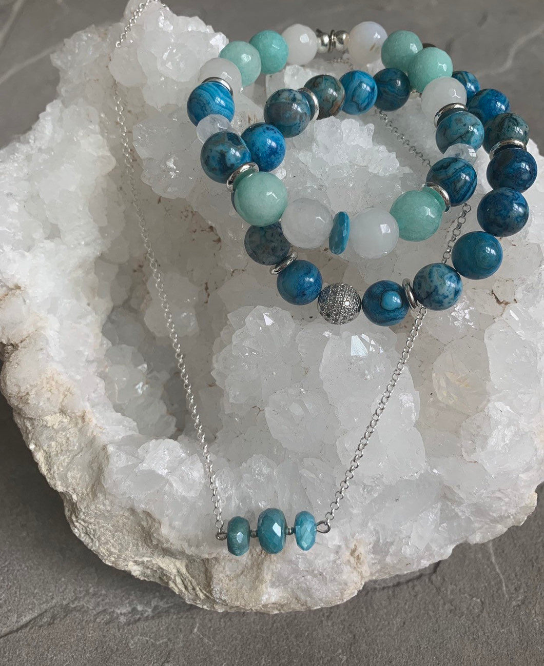 Mystical blue moonstone and crazy lace agate necklace and bracelet set