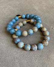 Load image into Gallery viewer, African sea sediment jasper &amp; blue agate beaded bracelet set
