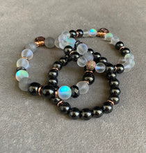 Load image into Gallery viewer, Grounding and uplifting hematite and aura quartz beaded bracelet set with rose gold accents
