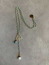 Load image into Gallery viewer, Dainty turquoise triangle lariat with moonstone and labraodite hangs
