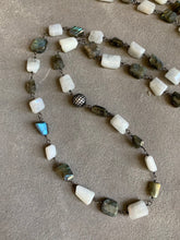 Load image into Gallery viewer, Moonstone and labradorite chunky beaded strand with gunmetal crystal focal
