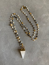 Load image into Gallery viewer, Pyramid quartz pendant on strand of dendritic opal, agate and gold beads
