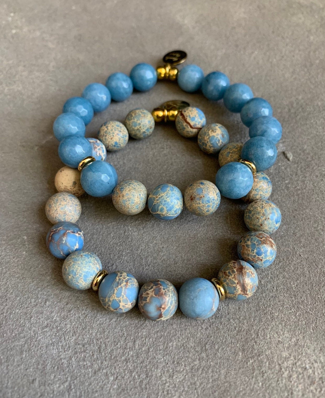 African sea sediment jasper & blue agate beaded bracelet set