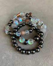 Load image into Gallery viewer, Grounding and uplifting hematite and aura quartz beaded bracelet set with rose gold accents
