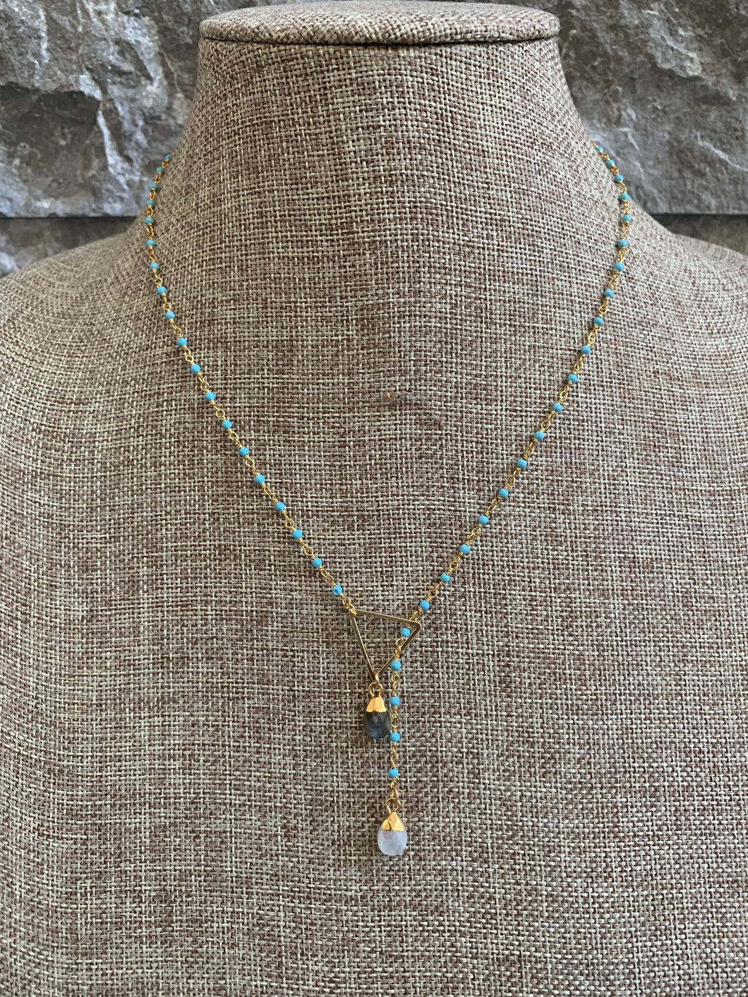 Dainty turquoise triangle lariat with moonstone and labraodite hangs