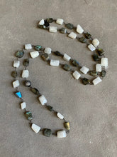 Load image into Gallery viewer, Moonstone and labradorite chunky beaded strand with gunmetal crystal focal
