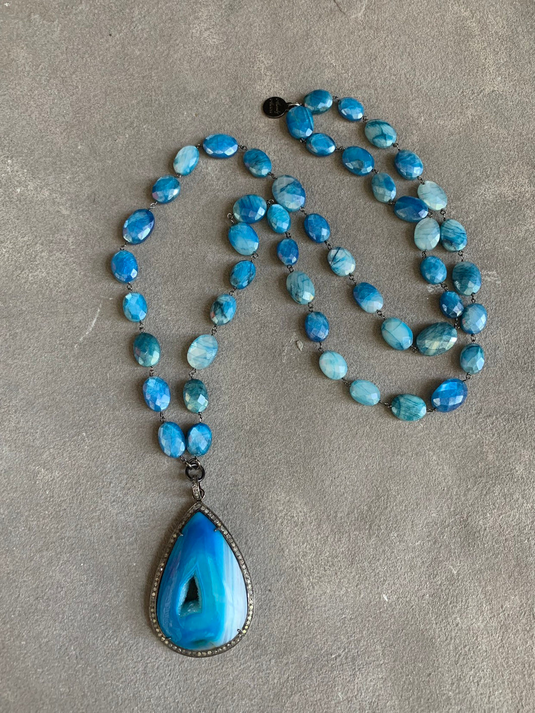 Striking druzy blue agate and diamond pendant necklace
