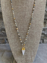 Load image into Gallery viewer, Pyramid quartz pendant on strand of dendritic opal, agate and gold beads
