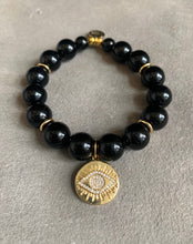 Load image into Gallery viewer, Evil eye protective black onyx beaded charm bracelet
