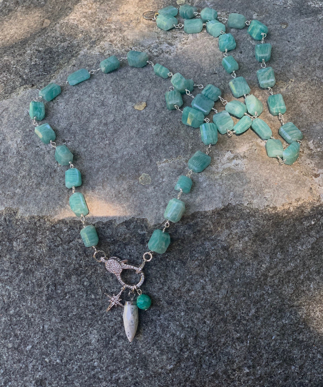 Soothing Amazonite long beaded necklace with charms