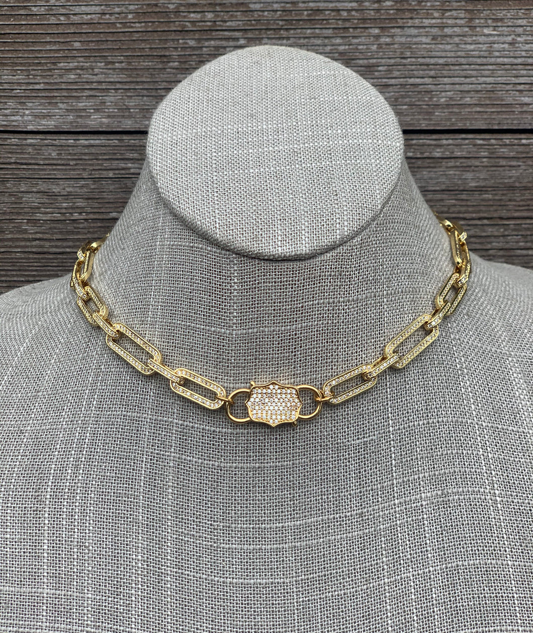 14k gold filled micro pave paperclip choker with double clasp