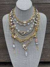 Load image into Gallery viewer, Peachy moonstone and gold filled charmed chain necklace
