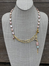 Load image into Gallery viewer, Peachy moonstone and gold filled charmed chain necklace
