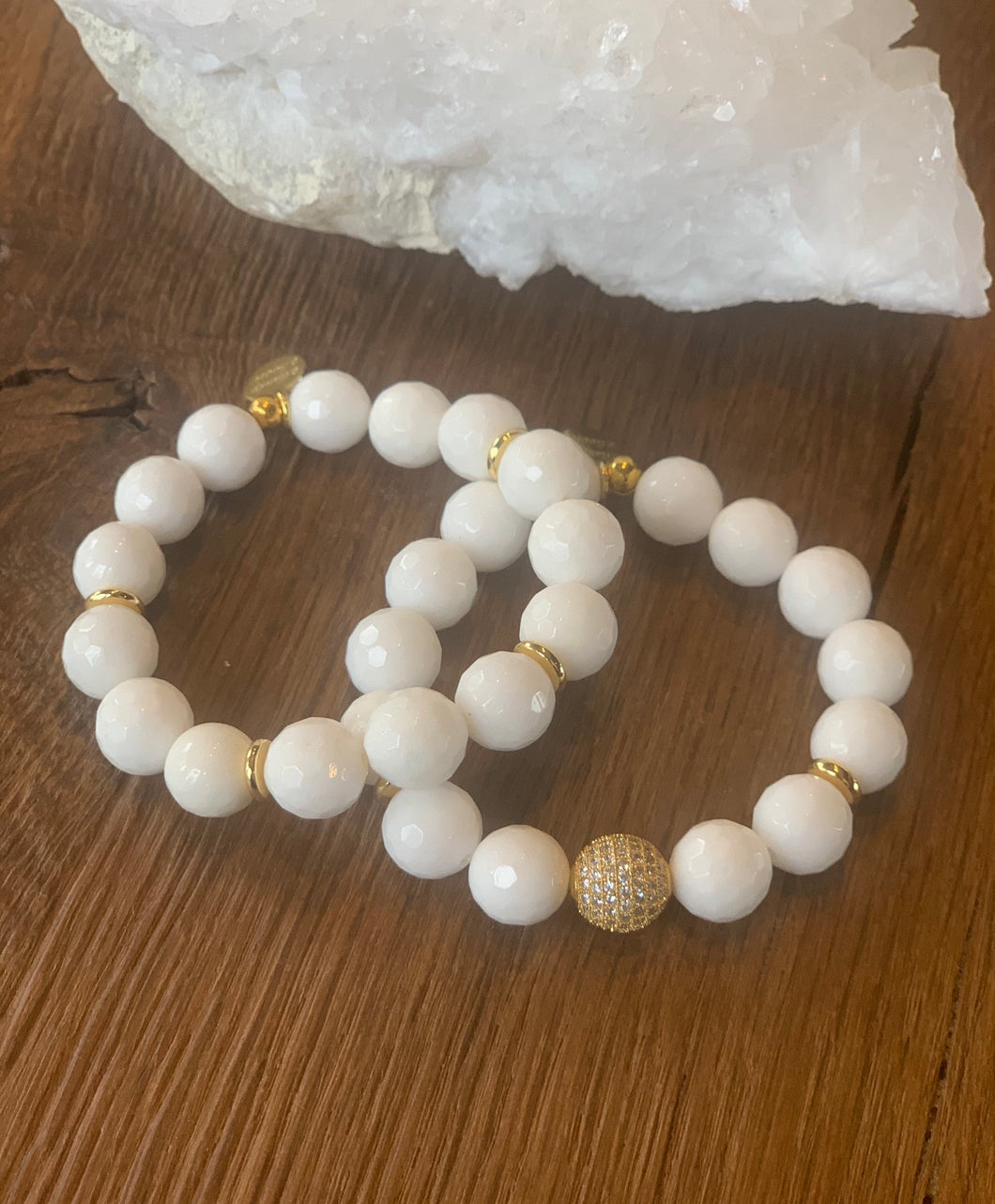 White agate and gold micro pave crystal beaded bracelet set