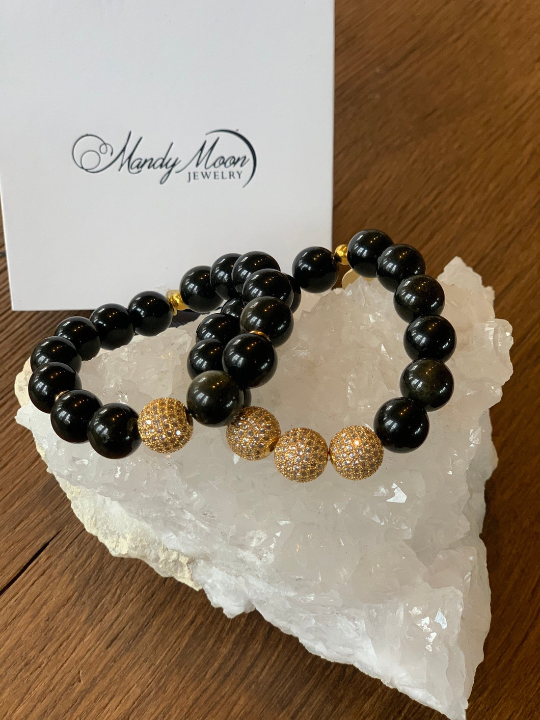 2 Black & Gold Obsidian bracelets with gold micro pave crystal focal beads
