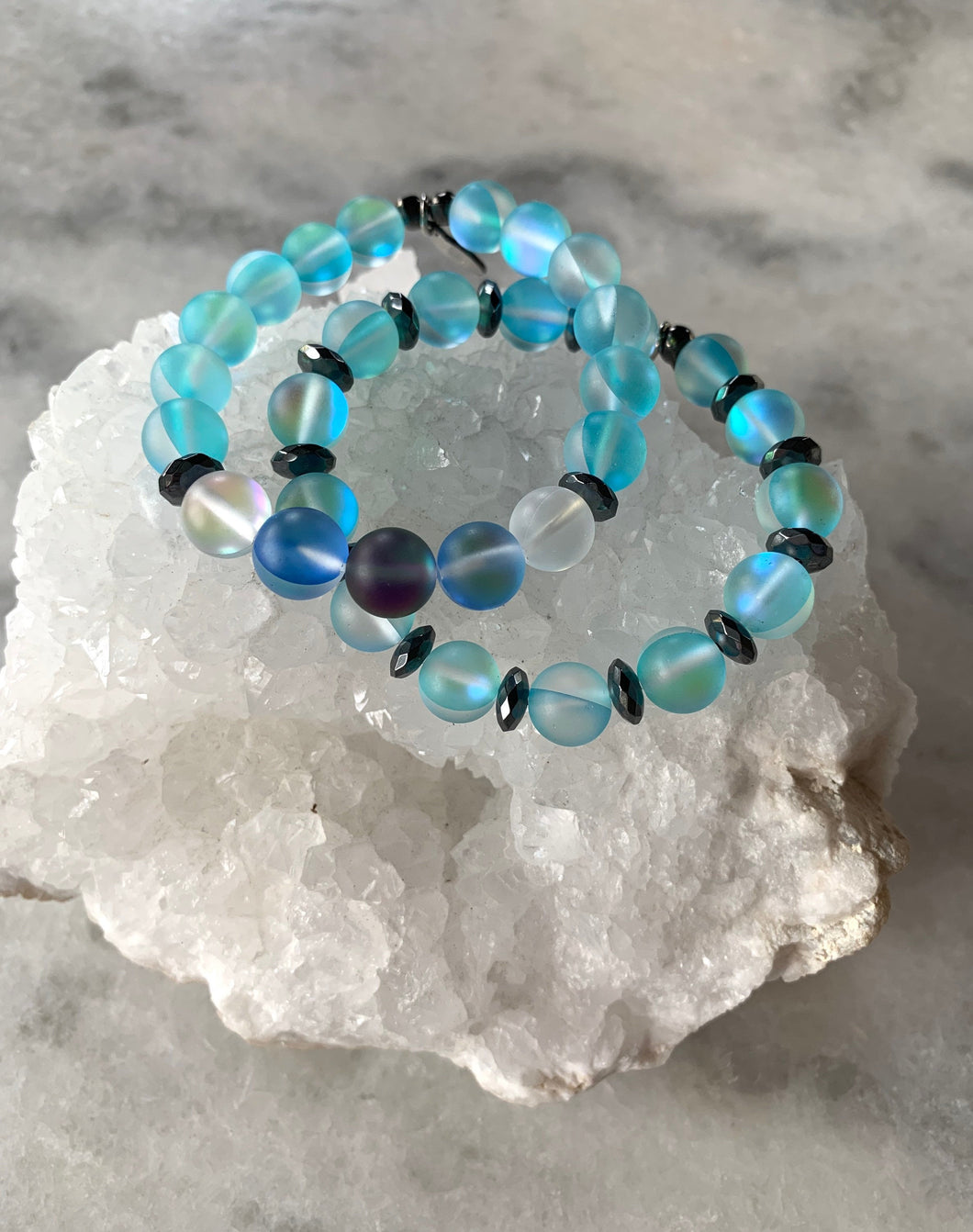 Stunning blue Aura quartz beaded bracelet set