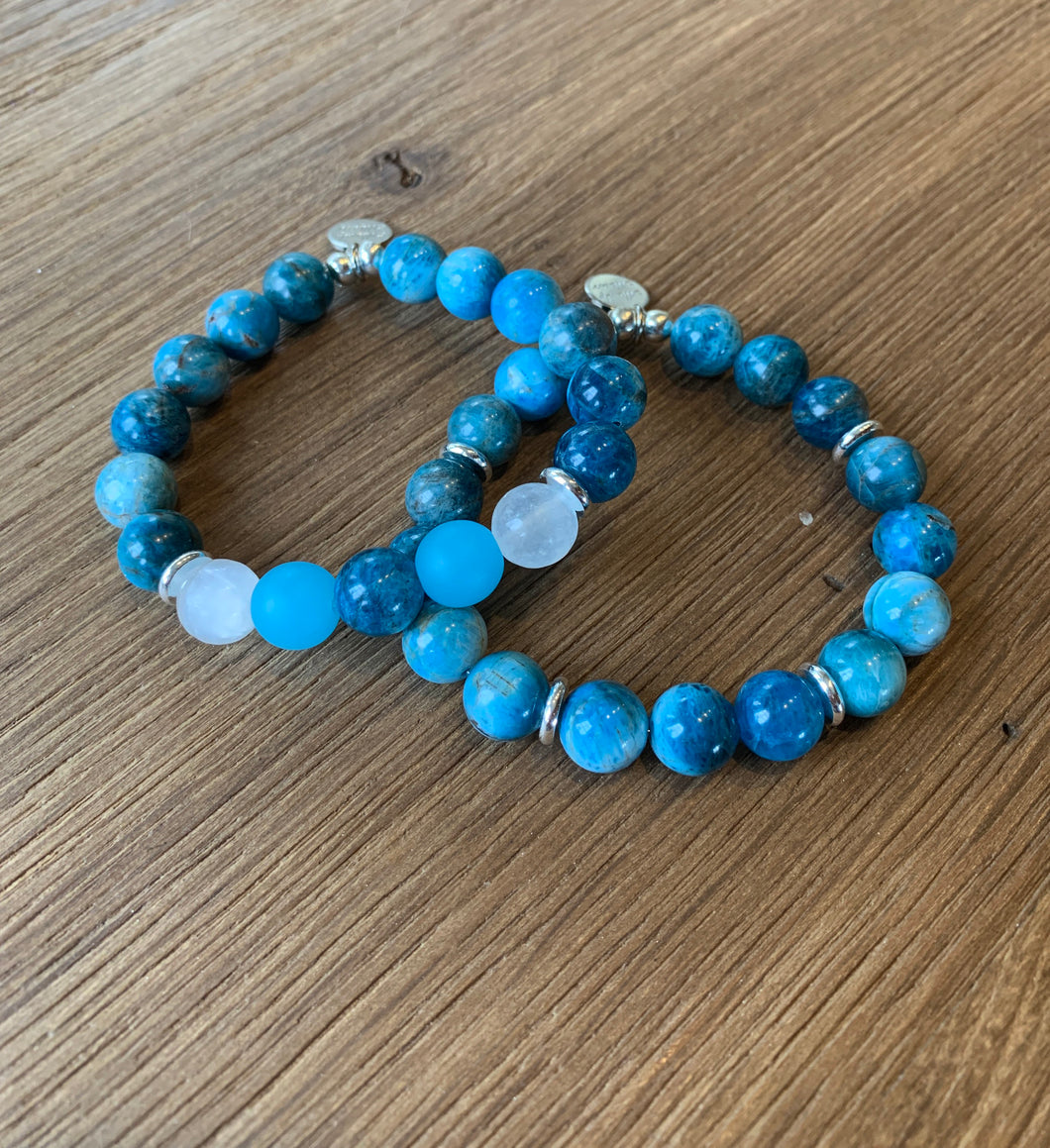 Crazy for ocean vibes~ crazy lace agate, sea glass and selenite beaded bracelet set