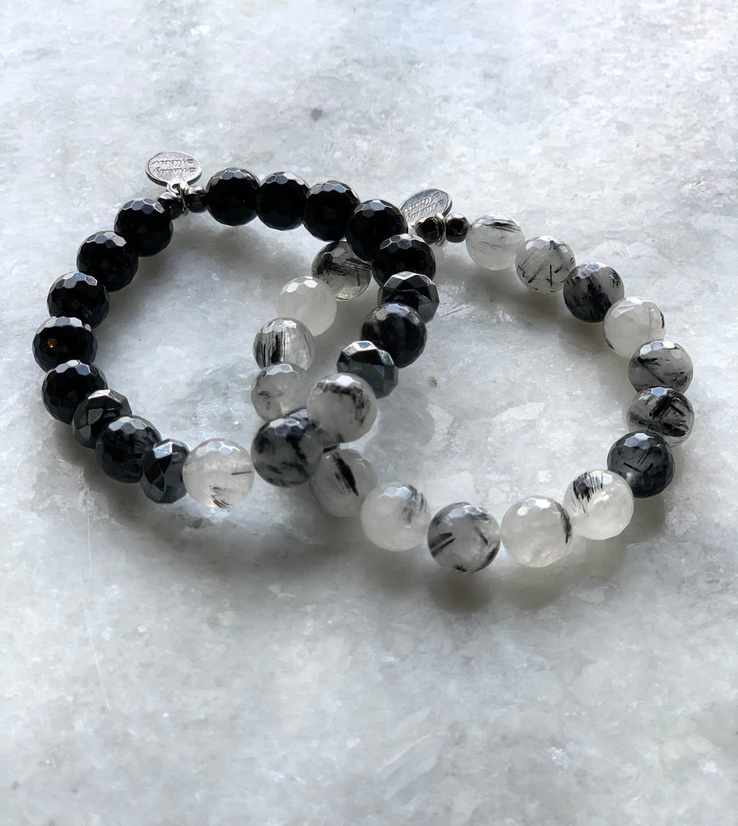 Illuminate your soul~ Rutilated quartz and black agate beaded bracelet set