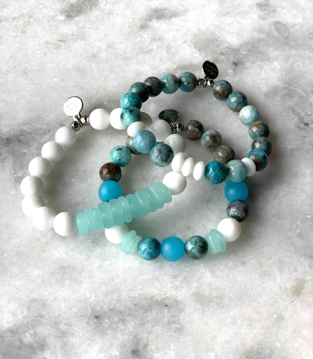 Practice Compassion~ hemimorphite, sea glass & white agate beaded bracelet set