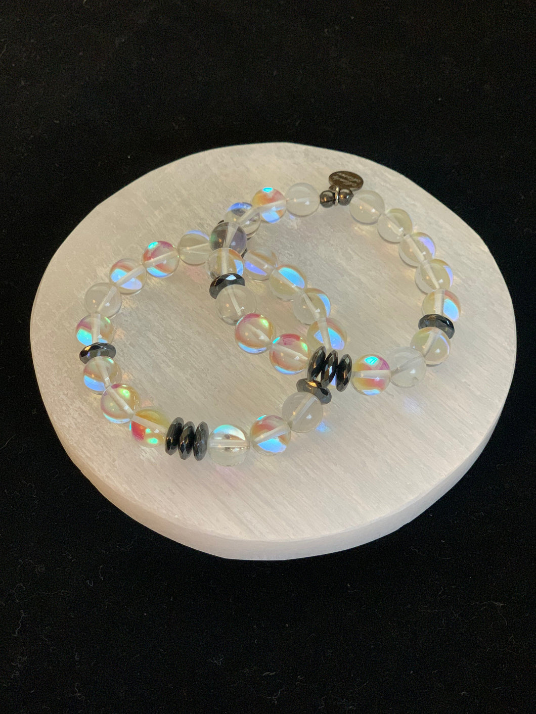 Find the end of your rainbow~aura quartz and hematite bracelet